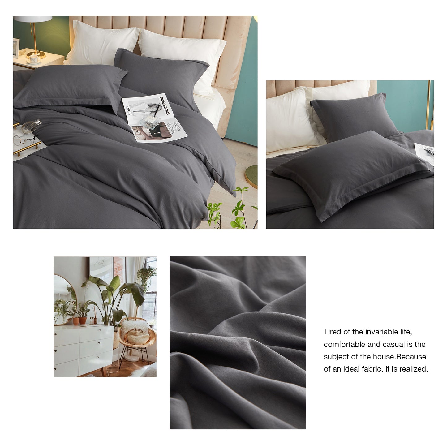 VClife 3Pieces Solid Grey Washed Microfiber Queen Duvet Cover Set