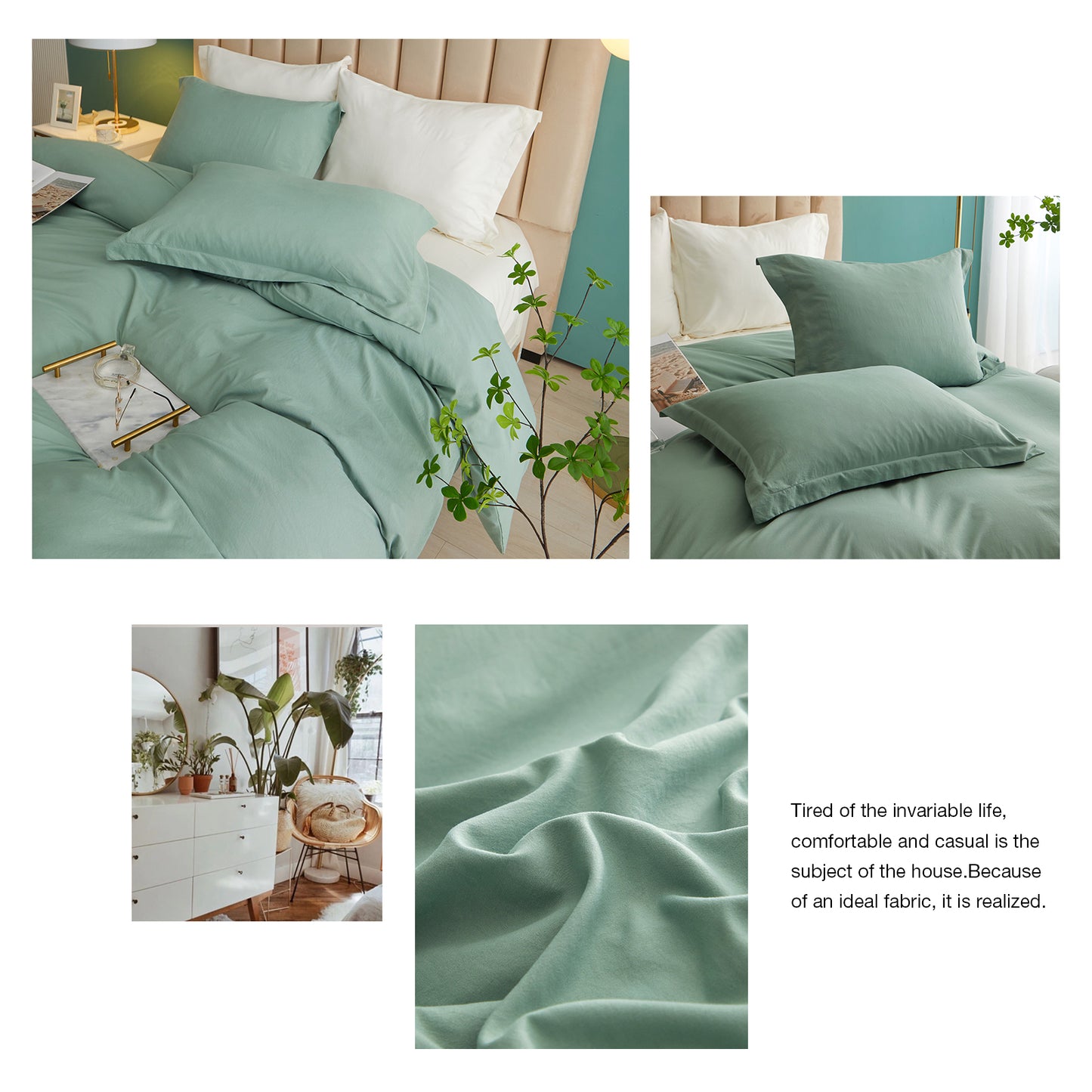 VClife 3Pieces Grass Green Solid Simple Style Duvet Cover Set