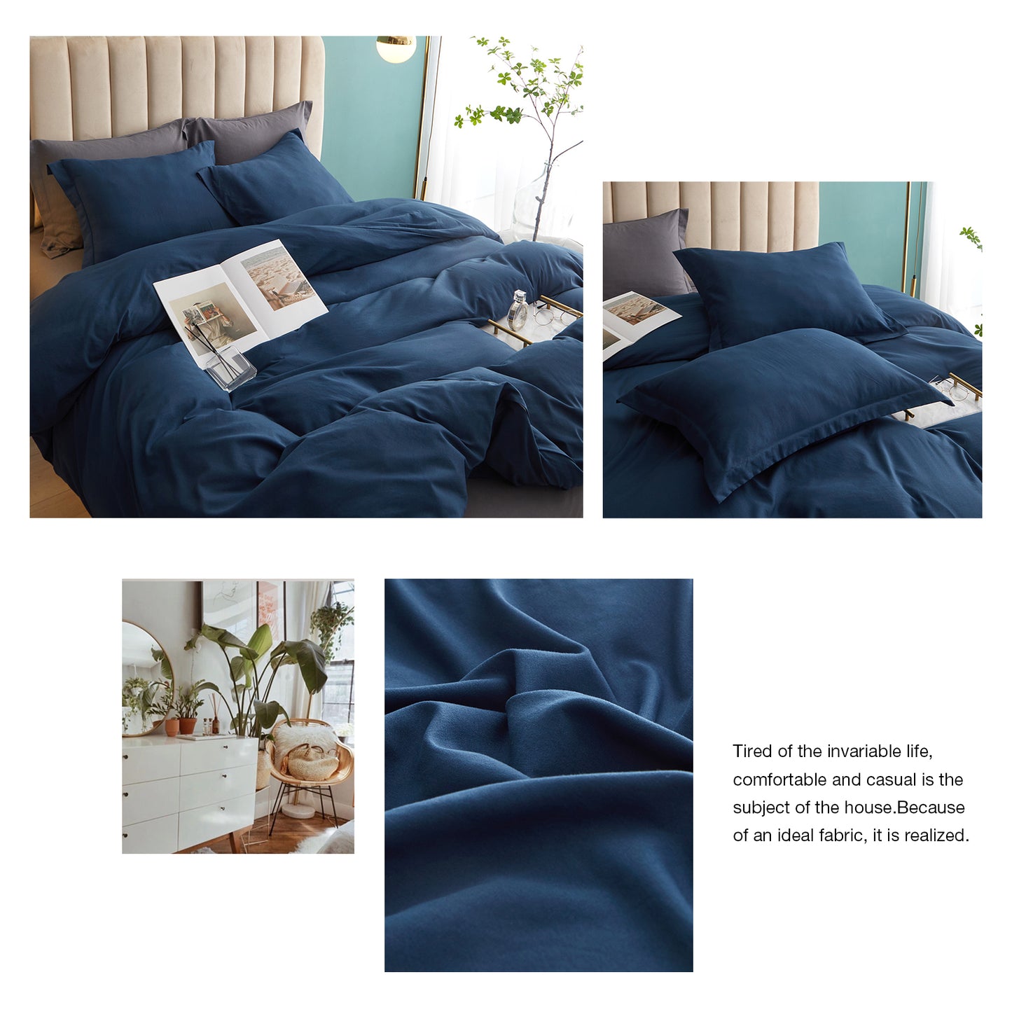 VClife 3Pieces Solid Navy Queen Duvet Cover Set Washed Microfiber