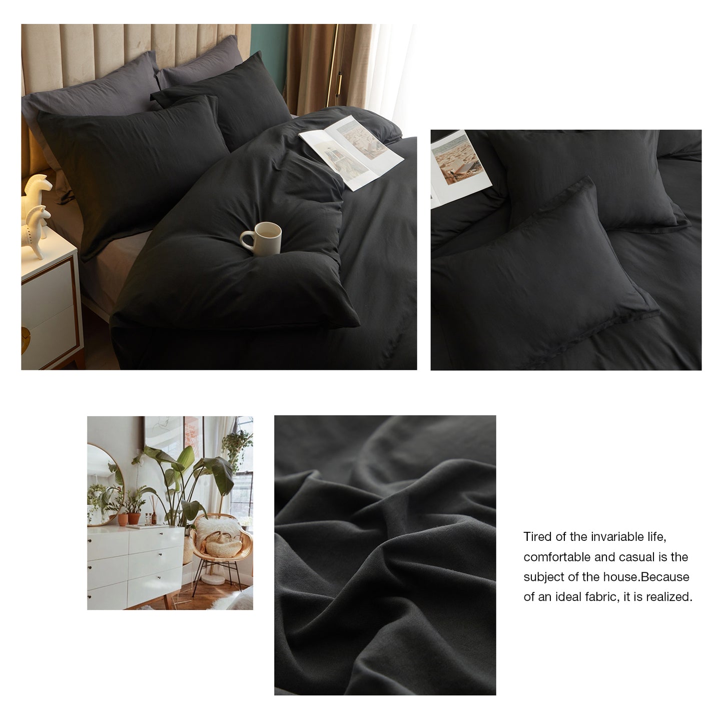 VClife Black Mordern 3Pieces Solid Duvet Cover Set