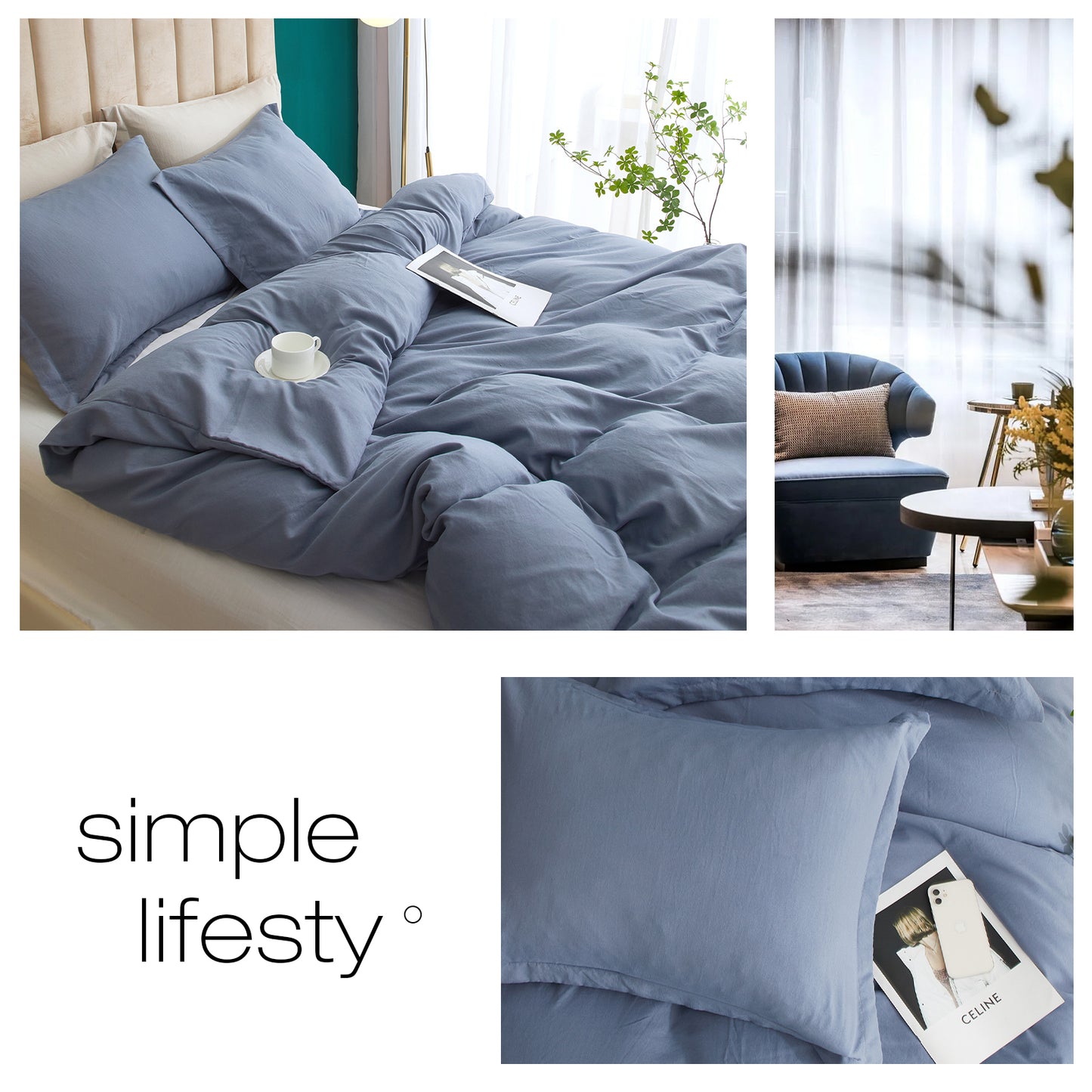 VClife Denim Blue Breathable 3Pieces Duvet Cover Set with Zipper