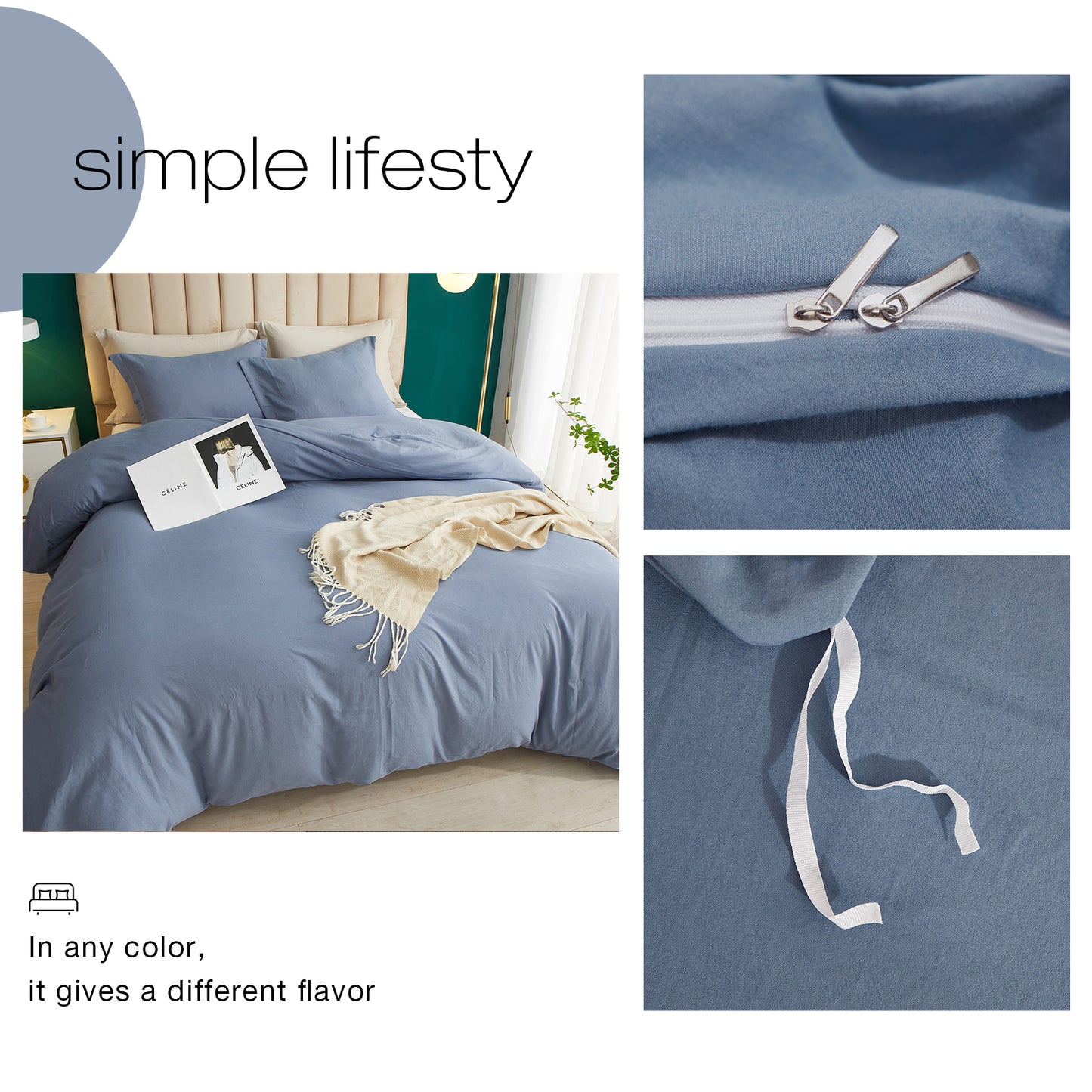 VClife Denim Blue Breathable 3Pieces Duvet Cover Set with Zipper