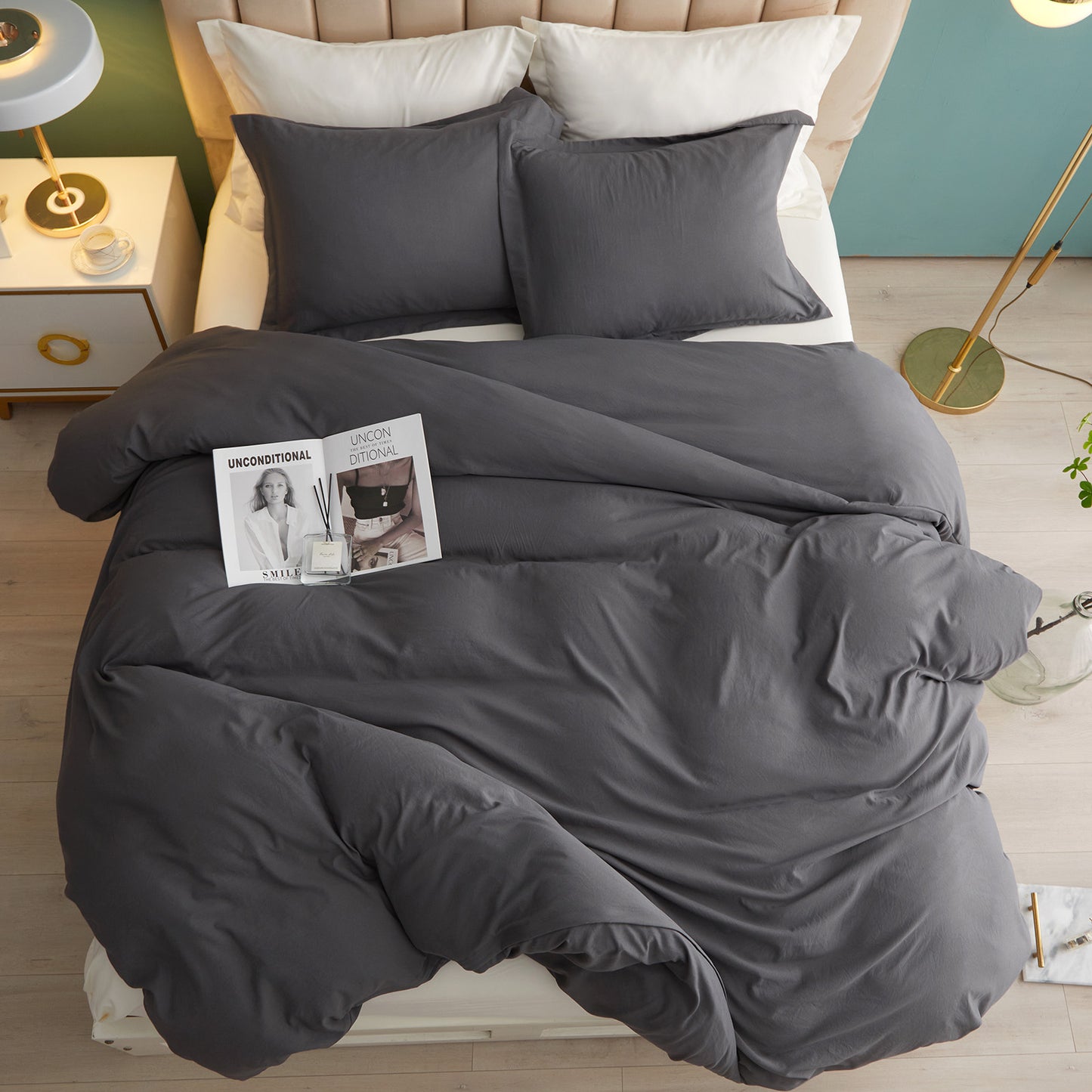 VClife 3Pieces Solid Grey Washed Microfiber Queen Duvet Cover Set