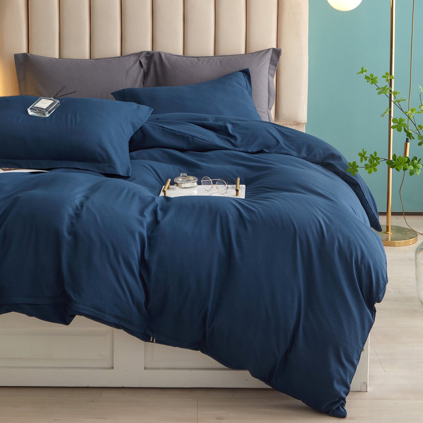 VClife 3Pieces Solid Navy Queen Duvet Cover Set Washed Microfiber